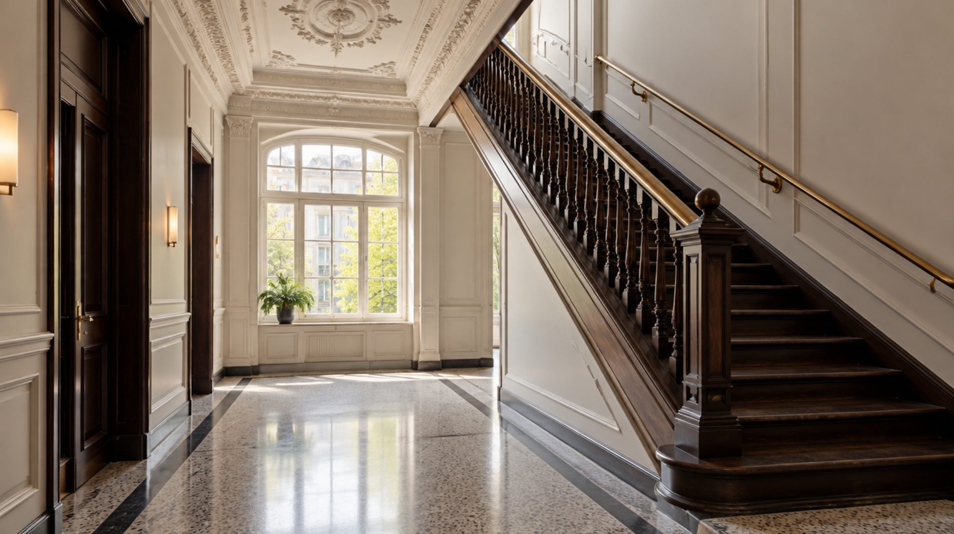 Sảnh vào toà nhà căn hộ cổ điển tại Berlin đã được cải tạo